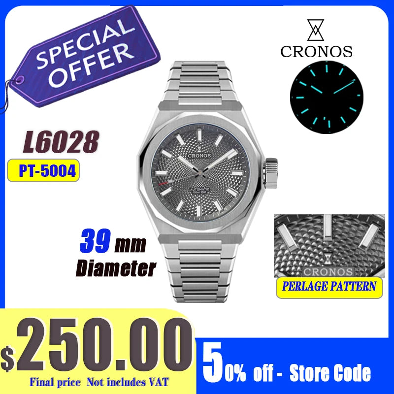 Cronos New Rhombus Perlage 39mm Dial PT5004 Miyota 90S5 See-through Caseback Men Automatic Wristwatches 10ATM Luminous