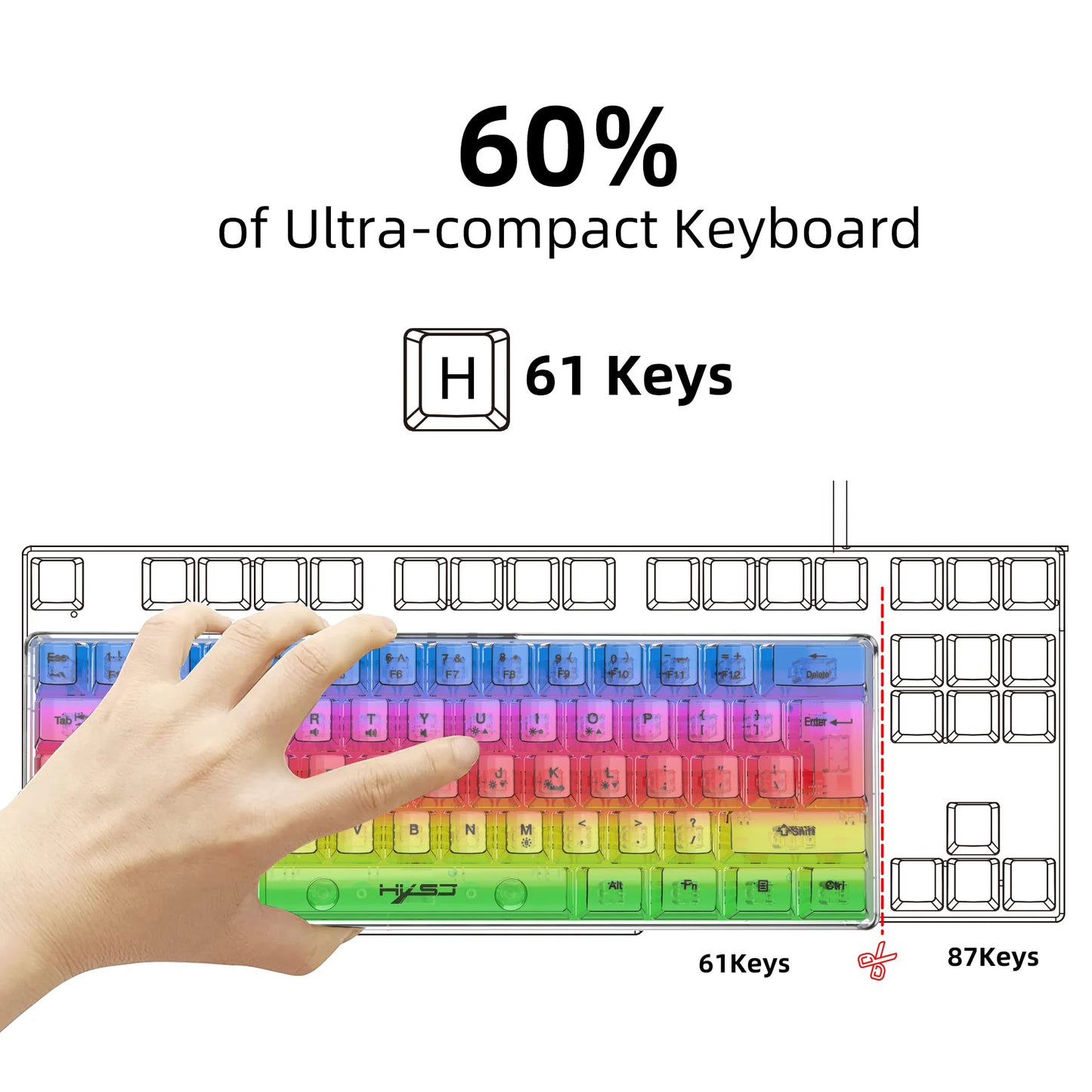 Tastiera gaming trasparente cablata HXSJ 60%, retroilluminazione RGB, ultra-compatta, impermeabile, 61 tasti, per PC/Mac
