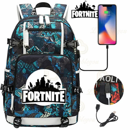 Ultima Knight F-Fortnited Battle Royale Rucksack mit USB-Ladeanschluss, Anime-Figuren und Studienfach für Schreibwaren für Schüler