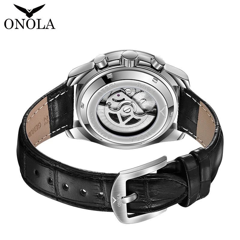 Relógio mecânico para homem ONOLA – Relógio automático de luxo com um estilo descontraído, com bracelete em pele e mostrador perfurado