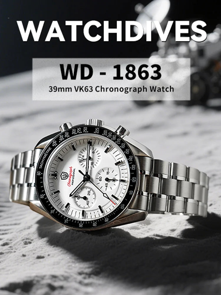 Watchdives New Wd1863 Quarz-Herrenuhr VK63 Chronograph Bubble-Saphirglas Wasserdicht 39Mm Stahl Top-Marke Luxus-Business-Uhr