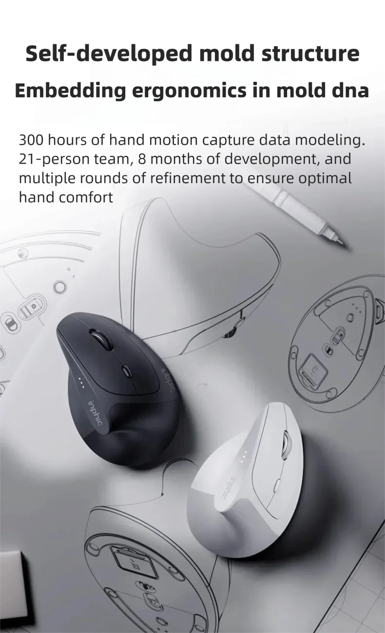 Mouse wireless verticale Inphic X9 PRO, ricarica rapida Type-C, ergonomico e silenzioso, mouse da ufficio per laptop, PC, computer e gaming