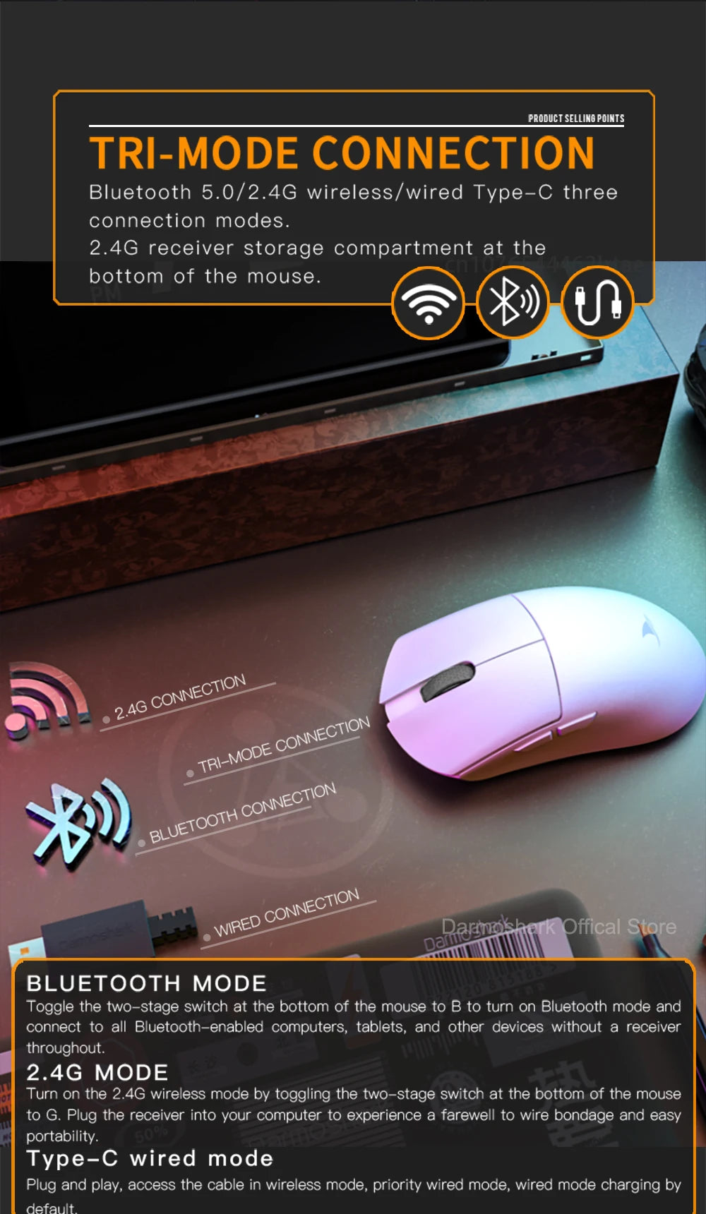 Mouse da gaming Darmoshark M3Pro 2.4G BT wireless tri-mode, sensore PAW3395, N52840, 26000DPI, mouse con driver macro per mani grandi per il gaming