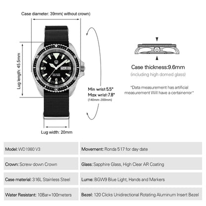 Watchdives WD1980 V3 Quartz Watch 100m Waterproof BGW9 Luminous Nylon Strap Watch Sapphire VH31 Movement Men Watch with Gift Box
