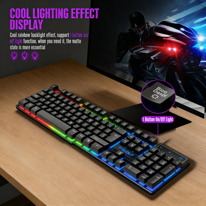 Teclado gaming com sensação mecânica, retroiluminado RGB, com fios, USB, para escritório e casa, com teclas multimédia, russo, espanhol, árabe e inglês