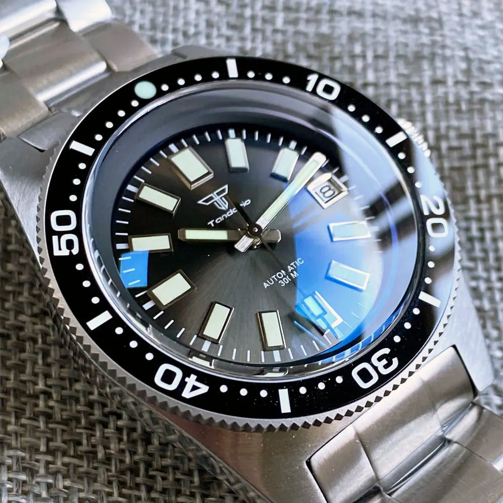 Tandorio 41mm 62MAS Black Gray Dial NH35A Automatic 300M Diving Men's Watch Ceramic Bezel Green Lume Bow Sapphire Glass