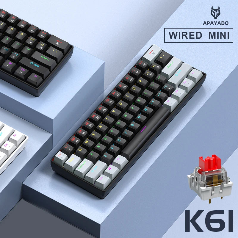 APAYADO K61 60% Μίνι Ενσύρματο Μηχανικό Πληκτρολόγιο Gaming Phantom RGB, 61 Πλήκτρα, Κόκκινοι/Μπλε Διακόπτες, Εργονομικό, Φορητό για PC/Laptop