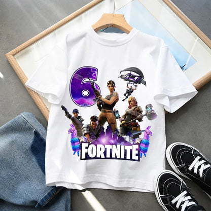 Camiseta infantil de cumpleaños Fortnite con número para niñas y niños, ropa de verano, camiseta de algodón para bebé, tops de manga corta para fiesta, regalo para niños pequeños