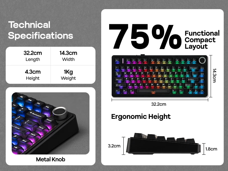 Teclado Mecânico EPOMAKER x AULA F75 Ultra VIA Programável 75% ANSI US QWERTY com Gasket, com Fios/Bluetooth/2.4Ghz Sem Fios