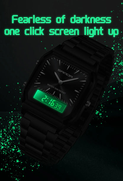 SANDA 747 Men’s & Women’s Luxury Digital Sports Watch  Stainless Steel, LED Dual Display & Waterproof