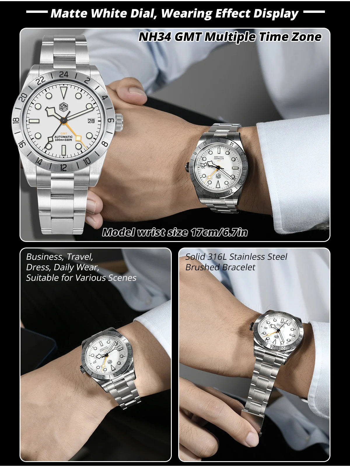 San Martin Neue 39mm NH34 BB GMT Automatikuhr, mechanische Sportuhr, Saphirglas, Leuchtanzeige, wasserdicht bis 100m, für Herren, Relogio SN0054