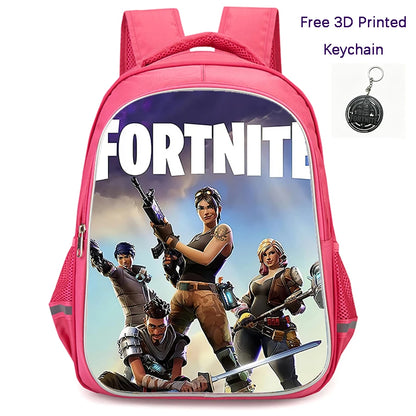 FORTNITE 16-inch Durable Lightweight Backpack, Dual Zipper Pockets, Cartoon Style for Boys & Girls Ages 6-10, Free 3D Printed Keychain