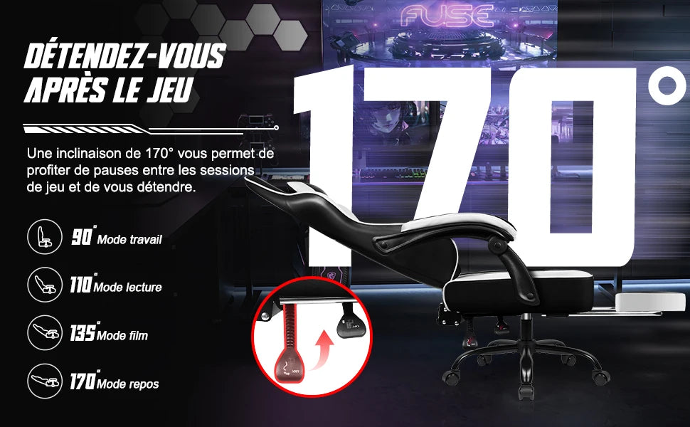 Daccormax Ergonomic Gaming Chair with Footrest, 170° Reclining High Back PC Gaming Chair, Lumbar Support, Adjustable Armrests & Breathable Leather