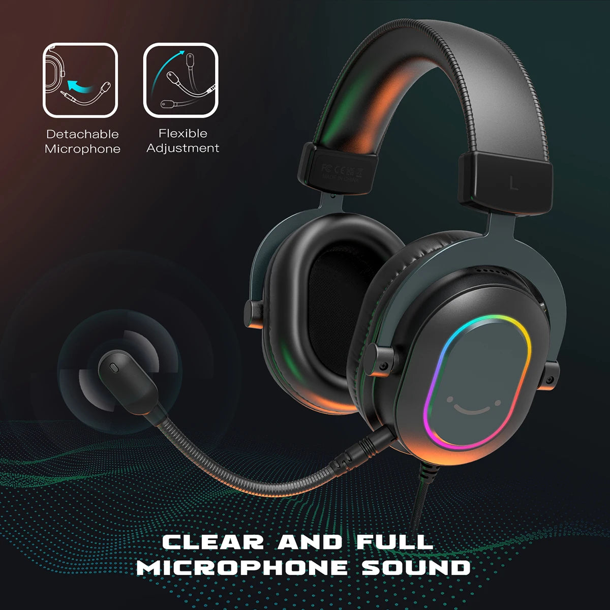 Auscultadores Gaming RGB Dinâmicos Fifine com Microfone Over-Ear, Som Surround 7.1, PC, PS4, PS5, 3 Opções de EQ para Jogo, Filme e Música - H6
