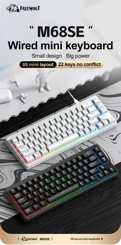 FREEWOLF M68SE Teclado Mini com Fio de 68 Teclas, Retroiluminação RGB, Type-C, Layout 68%, Compacto para Gaming, Escritório, PC e Portátil