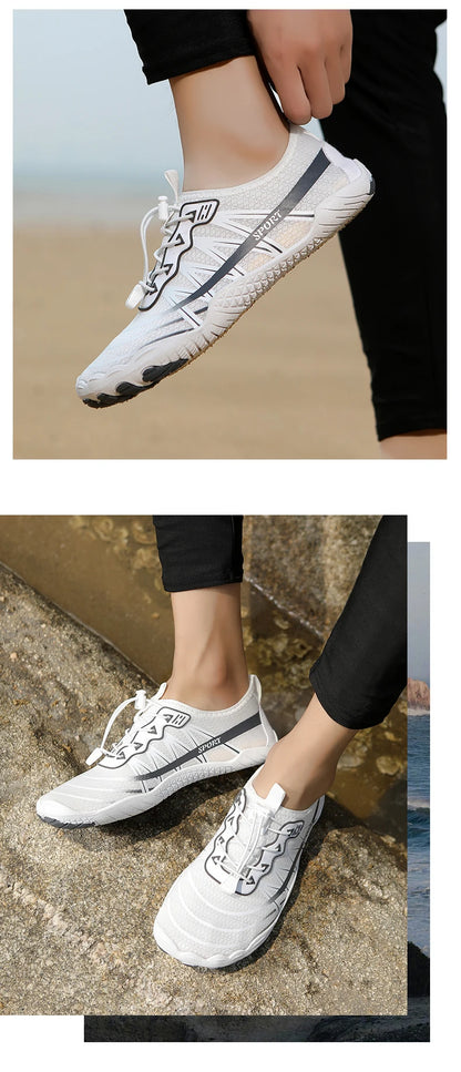 Novos sapatos aquáticos 2025 barefoot para praia e desporto, sapatos de natação antiderrapantes de alta qualidade, sapatos desportivos casuais de cinco dedos unissexo