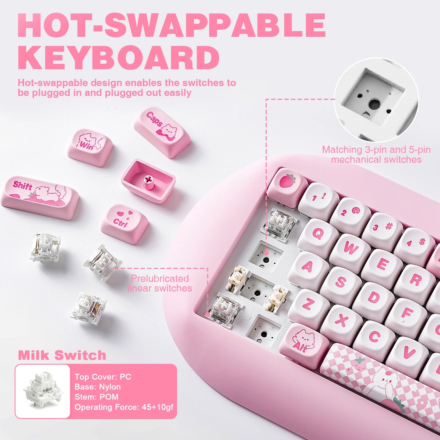 YUNZII C68 Pink 65% Hi-Fi Cute Cat Silicone Hot Swap NKRO Ergonomic Wireless BT5.0/2.4G/Wired RGB Mechanical Gaming Keyboard