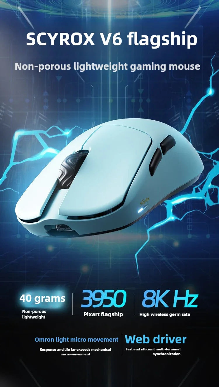 Rato gaming sem fios SCYROX V6 não poroso esports 40g 750IPS com recetor 8k, resposta rápida 3950, alta qualidade 8KHz