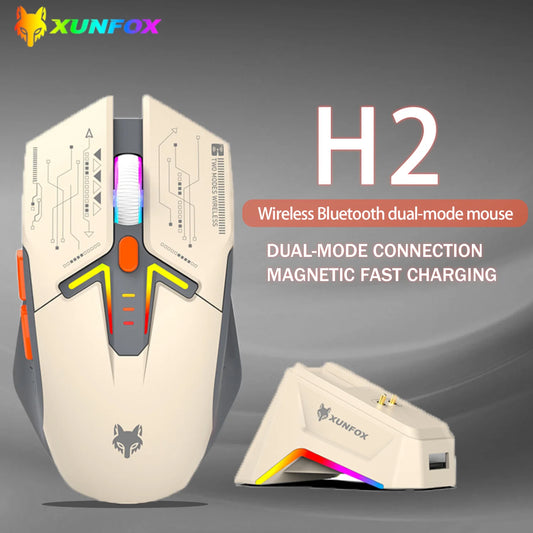 Mouse wireless Bluetooth dual-mode XUNSVFOX H2 con effetti di illuminazione RGB, per laptop, gaming e ufficio, ricarica magnetica