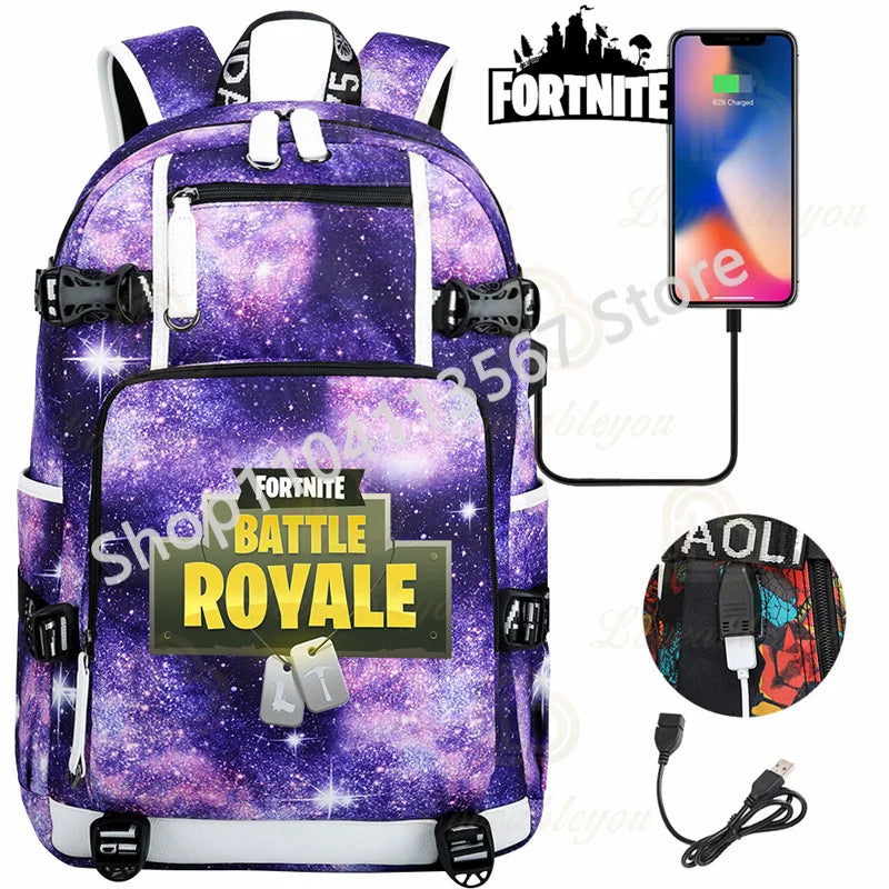 Ultima Knight F-Fortnited Battle Royale Rucksack mit USB-Ladeanschluss, Anime-Figuren und Studienfach für Schreibwaren für Schüler