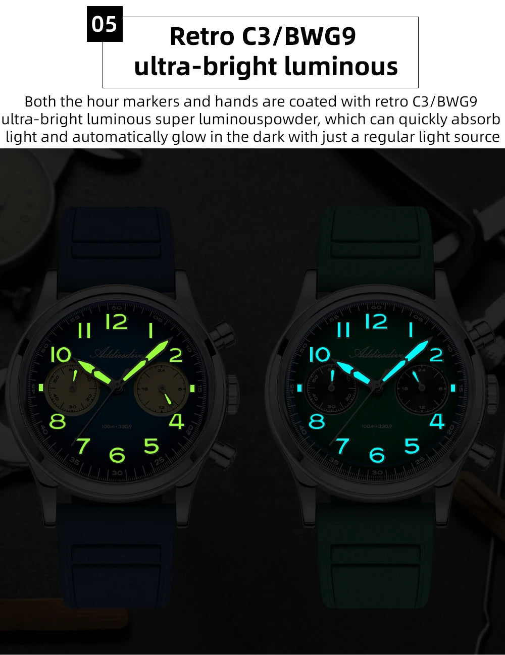 ADDIESDIVE Hot Sale Watch for Men VK64 Chronograph 10Bar Waterproof AD2516 Super Luminous Bubble Mirror Glass Quartz Steel Watch