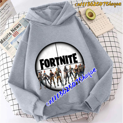 Hoodies infantis Fortnite com estampado do jogo, fato confortável de desenho animado, tops largos de manga comprida, roupa de outono/inverno