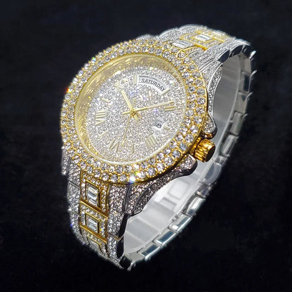 Luxury Diamond Watch for Men Fashion Bling Iced Out Day Date Watches Hip Hop Golden Stainless Steel Quartz Man Clock Hot Sale