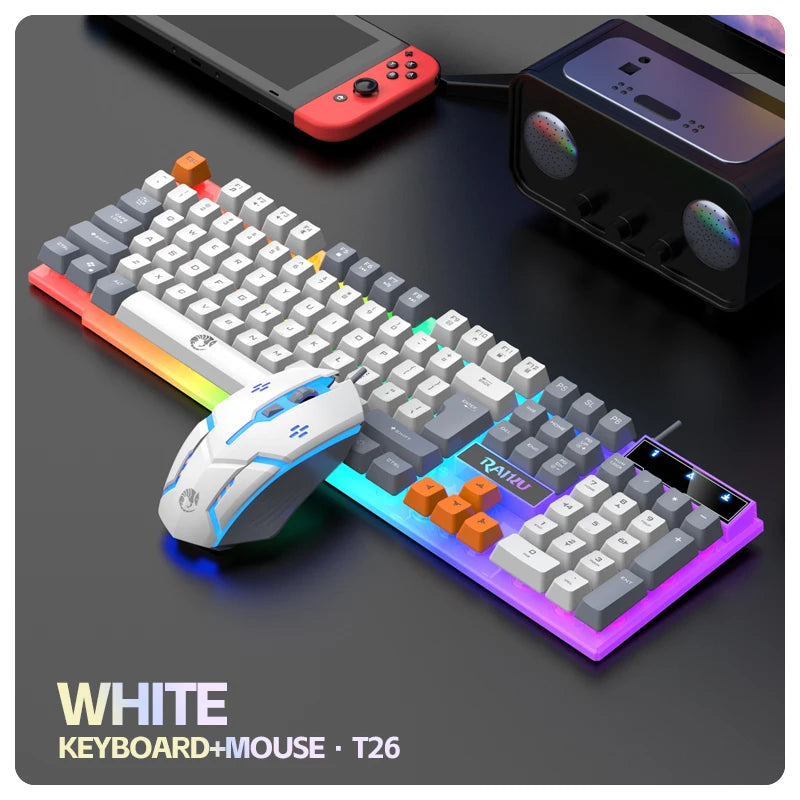 Teclado individual e conjunto teclado + rato RAIKU T26 de três tons com iluminação, teclado e rato com fios, toque mecânico, conjunto gaming