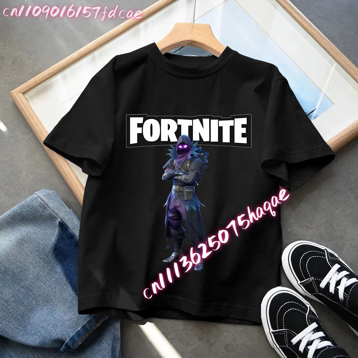 T-shirt preta em algodão para criança Fortnites Fortress Night, manga curta, estilo cartoon, para menino e menina, roupa de verão kawaii, top para oferta
