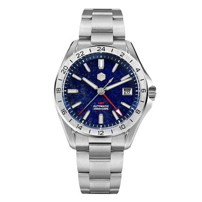 Relógio de Luxo para Homem San Martin 39mm com Mostrador em Pedra Aventurina, NH34 GMT Automático Mecânico, Safira, Impermeável e Luminescente SN0129