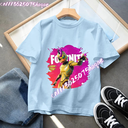 T-shirt azul de algodão Fortnite para criança, camisola de manga curta Fortress Night para bebé, top kawaii com desenho animado para menino e menina, roupa de verão, prenda
