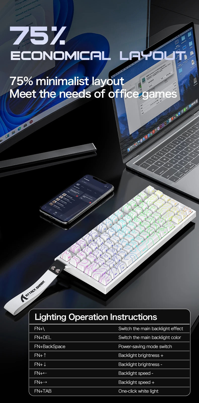 Tastiera gaming magnetica cablata ATTACK SHARK R82 HE 75% RGB 8000Hz Rapid Trigger, attuazione 0.005mm