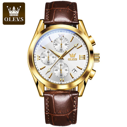 Vyriškas chronografinis rankinis laikrodis „OLEVS 2872“ – odinis dirželis, atsparus vandeniui, šviečiantys rodyklės, kvarcinis mechanizmas, prabangus sportinis stilius