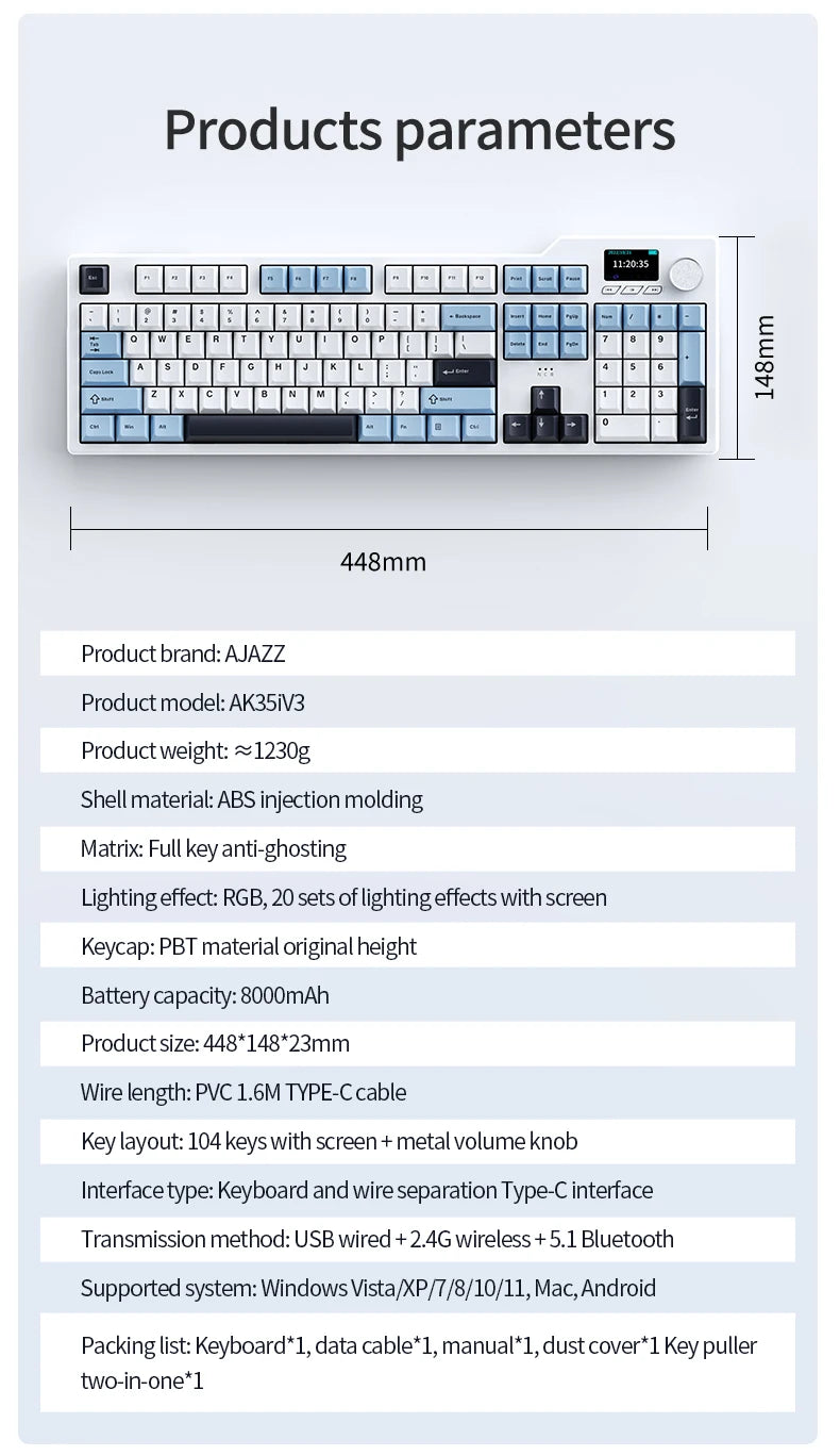 Neue AJAZZ AK35I V3 MAX Tri-Mode kabelgebundene Bluetooth-Wireless-Gaming-Tastatur mit Gasket-Struktur, Full-Key-Hot-Swap, 104 Tasten, individuell anpassbare Tastatur