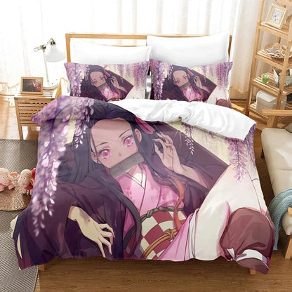 Nezuko Kamado patalynės komplektas, anime „Demon Slayer“ antklodės užvalkalas, patalynė, Single Twin Full Queen dydžiai, 3D dovana vaikams, mergaitėms ir berniukams