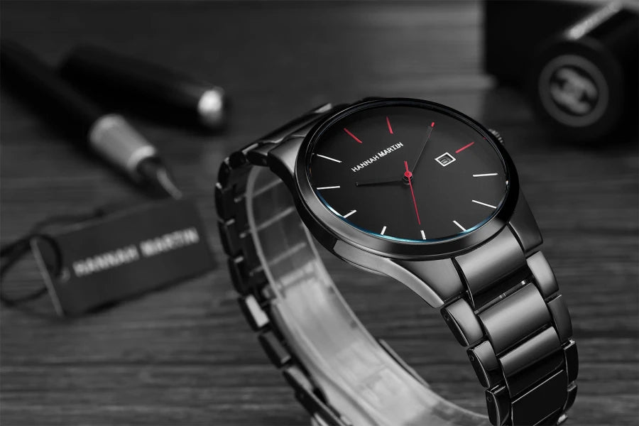 Reloj para hombre Hannah Martin, caja de acero inoxidable, mecanismo de cuarzo, esfera de 41 mm, estilo profesional, con indicador de calendario (imitación)