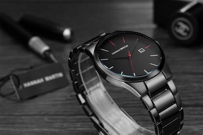 Reloj para hombre Hannah Martin, caja de acero inoxidable, mecanismo de cuarzo, esfera de 41 mm, estilo profesional, con indicador de calendario (imitación)