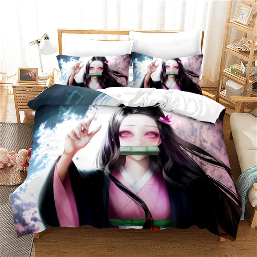 Nezuko Kamado patalynės komplektas, anime „Demon Slayer“ antklodės užvalkalas, patalynė, Single Twin Full Queen dydžiai, 3D dovana vaikams, mergaitėms ir berniukams