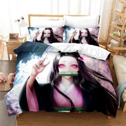 Nezuko Kamado patalynės komplektas, anime „Demon Slayer“ antklodės užvalkalas, patalynė, Single Twin Full Queen dydžiai, 3D dovana vaikams, mergaitėms ir berniukams