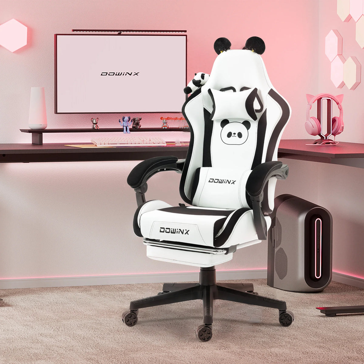 Cute Gaming Chair with Cat Ears Footrest Pink Kawaii Computer Chair Ergonomic High Back Gamer Seat with Cat Paw Lumbar Support