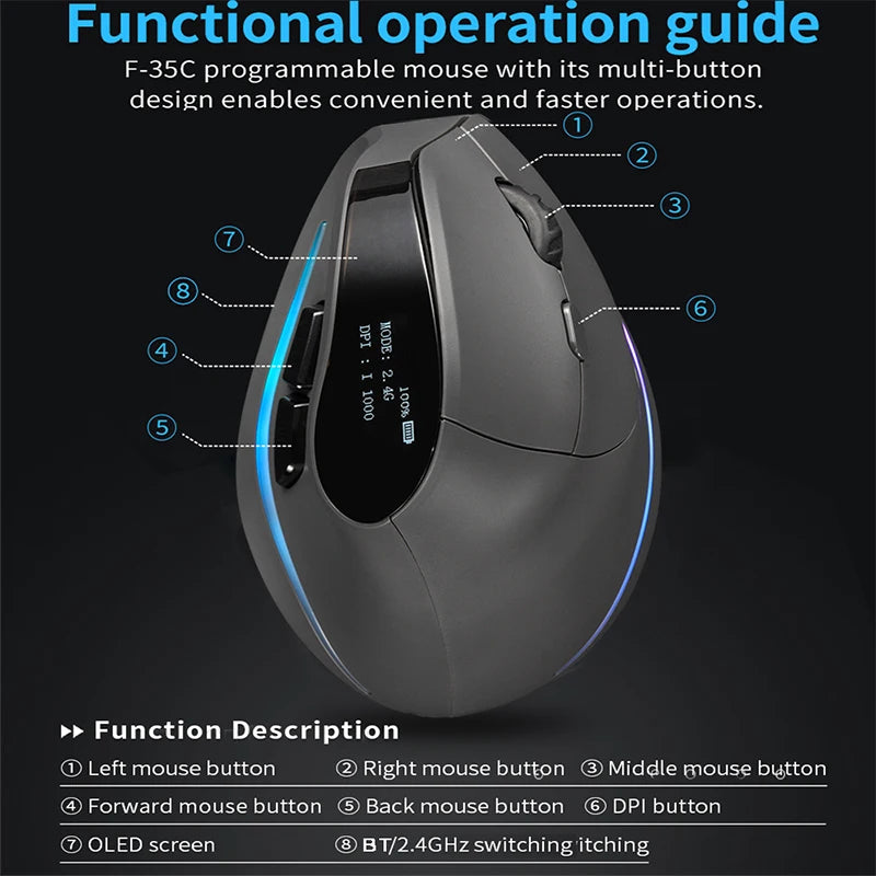 Wiederaufladbare kabellose vertikale Maus mit Display – ergonomische Maus mit 6 programmierbaren Tasten für Gaming und Desktop