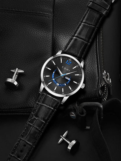 Reloj de cuarzo TOMI, de estilo elegante y profesional, con correa de piel, caja de aleación y esfera con agujas: diseño de alta gama, ideal como regalo para hombre.