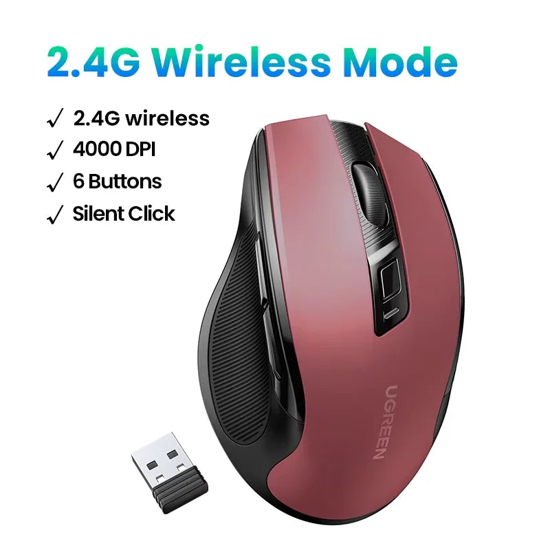 Ratón inalámbrico UGREEN Bluetooth 5.0 ergonómico 4000DPI con 6 botones silenciosos para MacBook, tabletas, portátiles, ordenador PC y conexión 2.4G