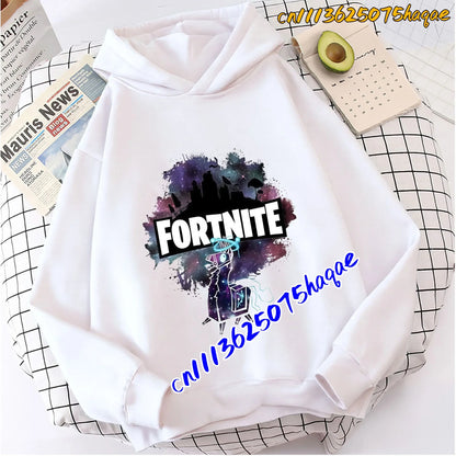 Hoodies infantis Fortnite com estampado do jogo, fato confortável de desenho animado, tops largos de manga comprida, roupa de outono/inverno