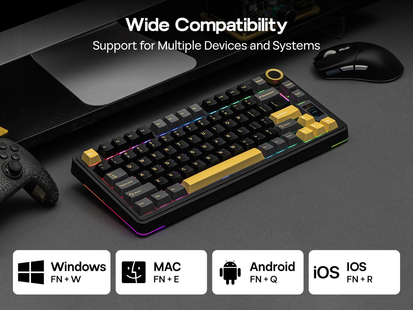Teclado Mecânico Sem Fios EPOMAKER X AULA EA75 MAX 75% Layout ANSI US Hot-Swap Gasket com Fios/BT/2.4GHz com Ecrã e Botão Rotativo