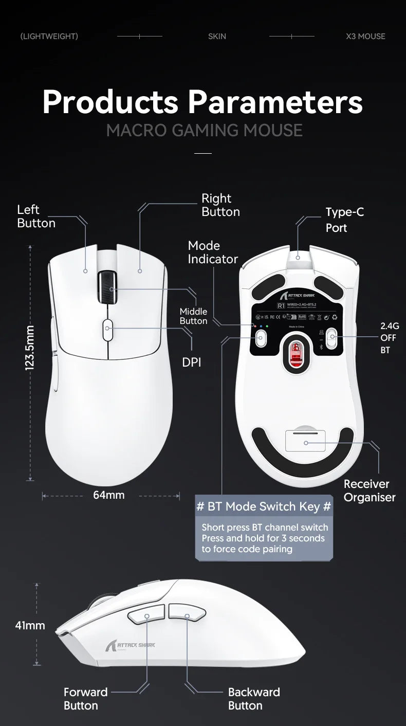 Rato Gaming Sem Fios Attack Shark R1 Leve Bluetooth 2.4G PAW3311 18000DPI Ergonómico com Macro