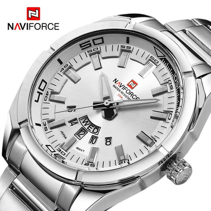 „NAVIFORCE“ vyriškas laikrodis, pagamintas iš plieno, atsparus vandeniui, kasdieniško stiliaus, su kvarciniu mechanizmu ir datos rodikliu – prabangus vyriškas rankinis laikrodis, pagamintas vienos iš pirmaujančių prekių ženklų.
