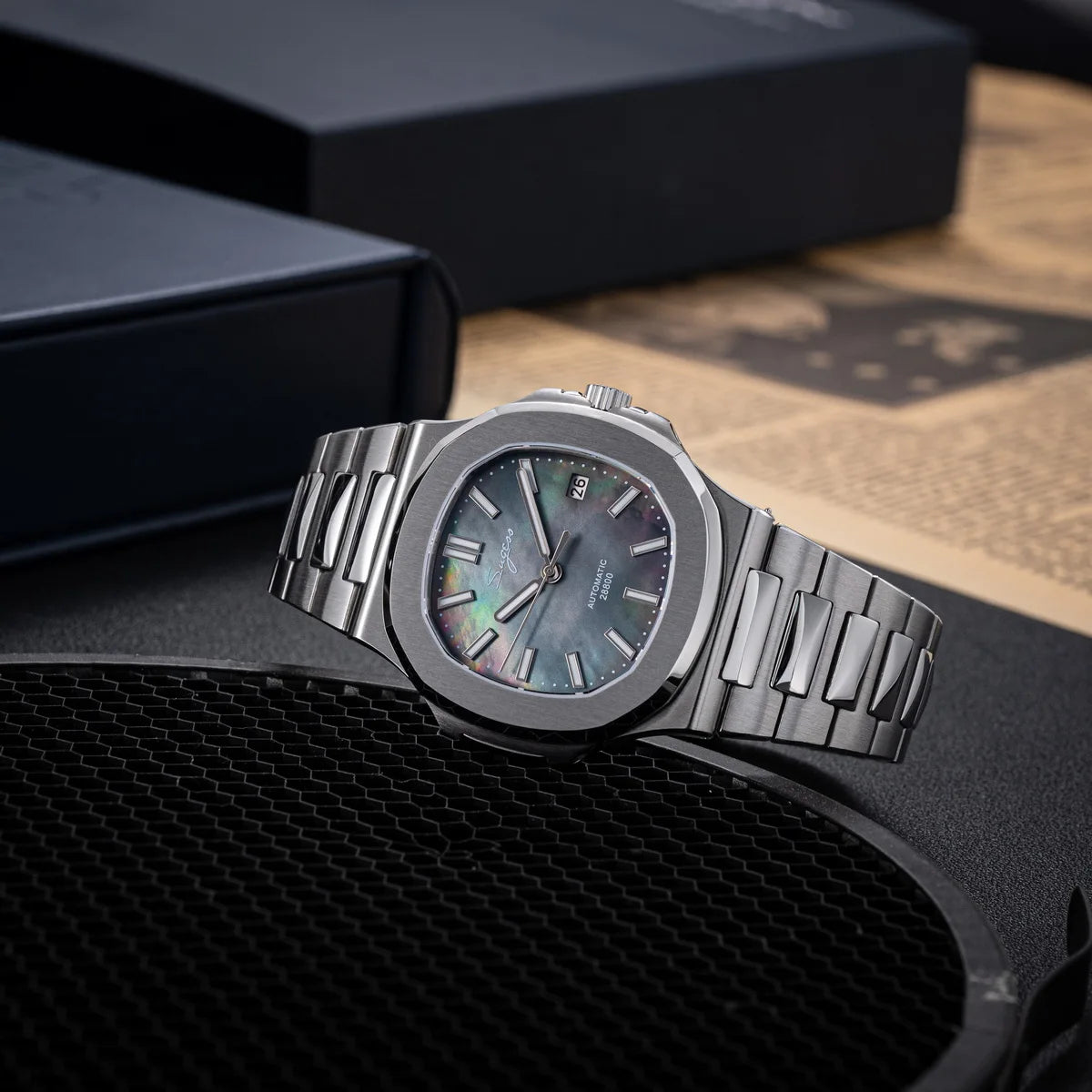 Sugess Herrenuhr, automatische mechanische Armbanduhr, Miyota 9015 Uhrwerk, MOP-Zifferblatt, Leuchtfunktion, wasserdicht bis 5bar, Luxus-Armband S466