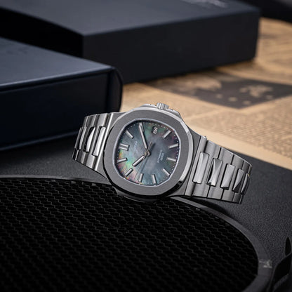 Sugess Herrenuhr, automatische mechanische Armbanduhr, Miyota 9015 Uhrwerk, MOP-Zifferblatt, Leuchtfunktion, wasserdicht bis 5bar, Luxus-Armband S466
