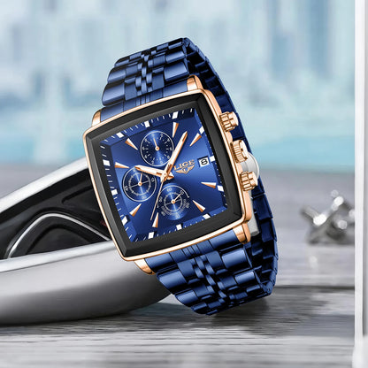 Relógios de luxo para homem LIGE, modelo quadrado, estilo clássico e moderno, em aço inoxidável, à prova de água, desportivos e casuais, com movimento de quartzo.
